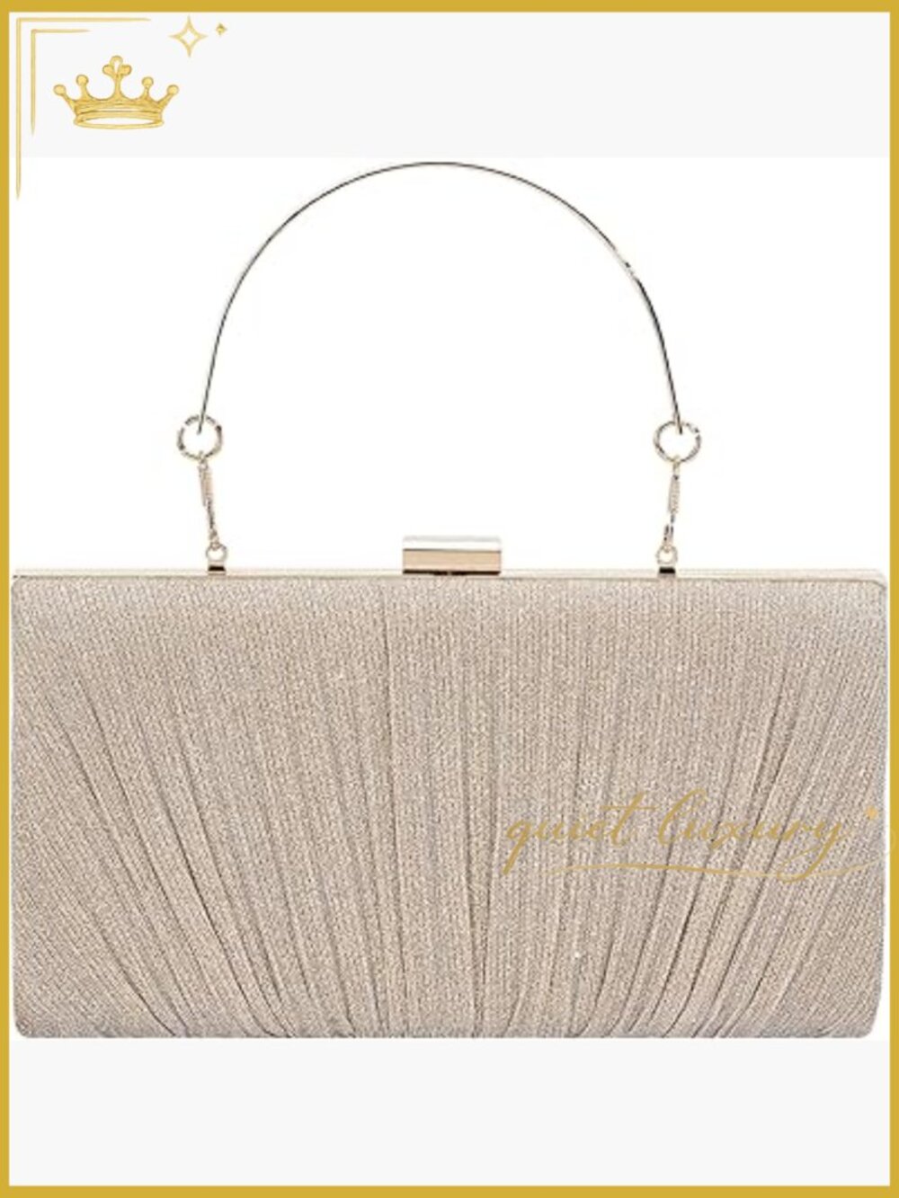 Pleated Glitter Evening Clutch with Chain Strap, 8.66x4.72 Inches